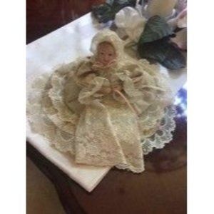 Vintage Porcelain Doll Lace Dress with Pearl and Silk Ribbon Hang or Sit